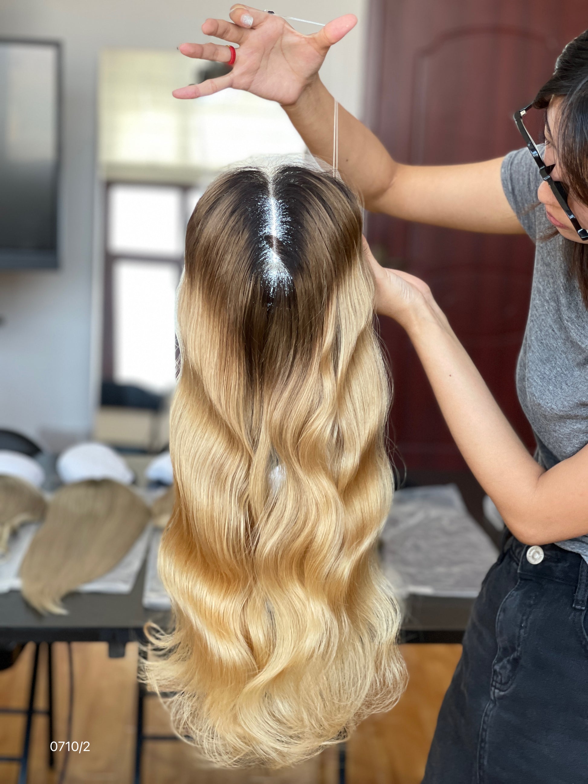 Warm Brown Dark-Root Blonde Highlighted Long Wavy Human Hair Topper Mini Wig, product view 1