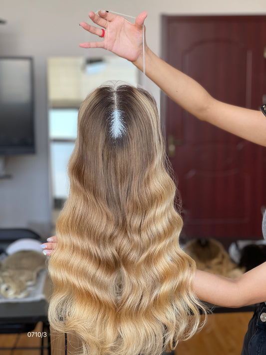 Warm Brown Dark-Root Blonde Highlighted Center-Part Long Wavy Human Hair Topper Mini Wig, product view 1