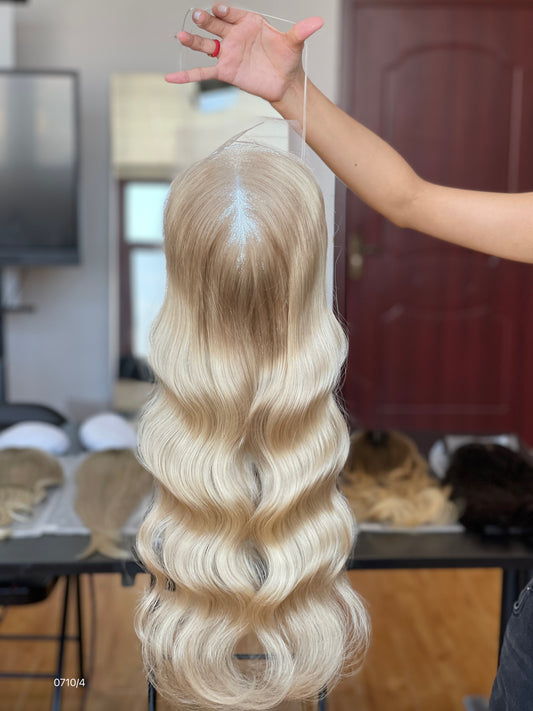 Ash Brown Dark-Root Long Wavy Human Hair Topper Mini Wig, product view 1