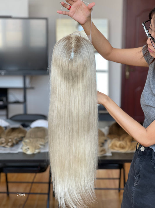Ash Brown Center-Part Long Straight Human Hair Topper Mini Wig, product view 1