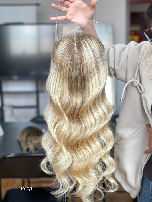 Ash Blonde Long Wavy Human Hair Topper Mini Wig, product view 1