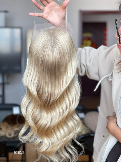 Ash Blonde Long Wavy Human Hair Topper Mini Wig, product view 1