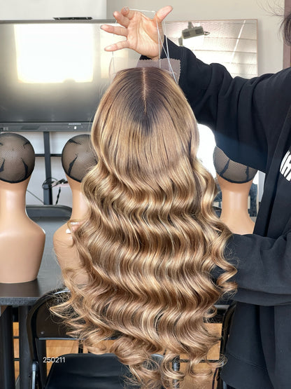 Warm Brown Blonde Highlighted Long Wavy Human Hair Topper Mini Wig, product view 2