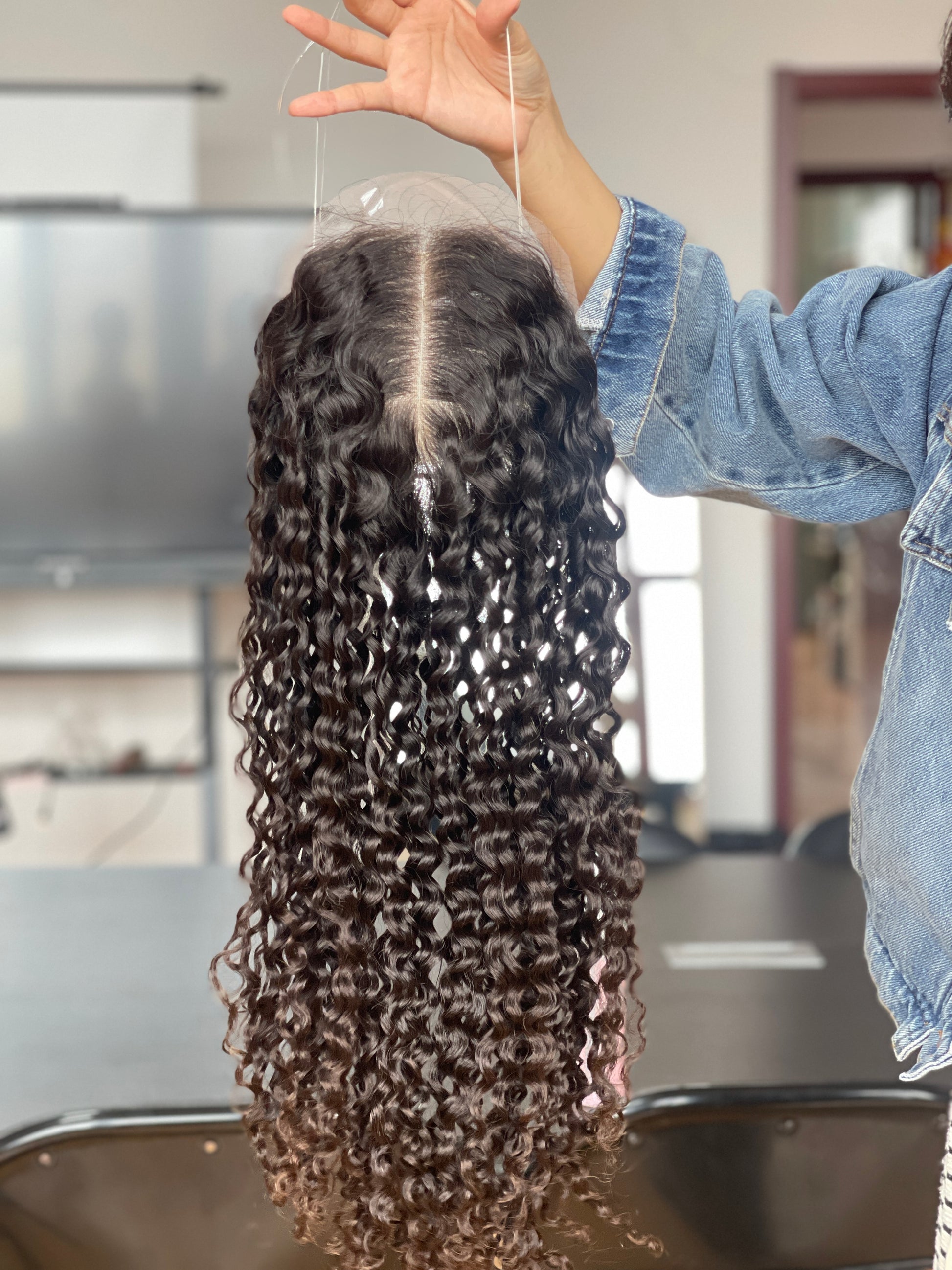 Natural Brown Long Curly Human Hair Topper Mini Wig, product view 3