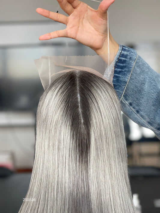 Silver Ash Blonde Long Straight Human Hair Topper Mini Wig, product view 2 — alternate view