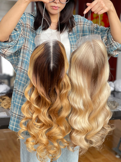 Warm Brown Blonde Highlighted Long Wavy Human Hair Topper Mini Wig, product view 3