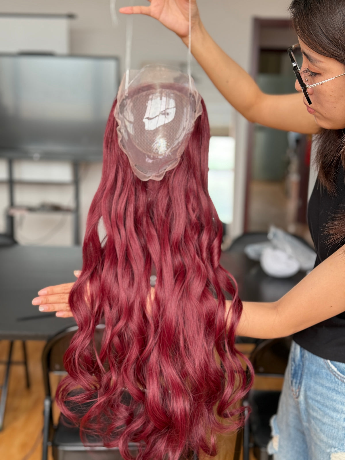 Burgundy Red Long Wavy Human Hair Topper Mini Wig, product view 3