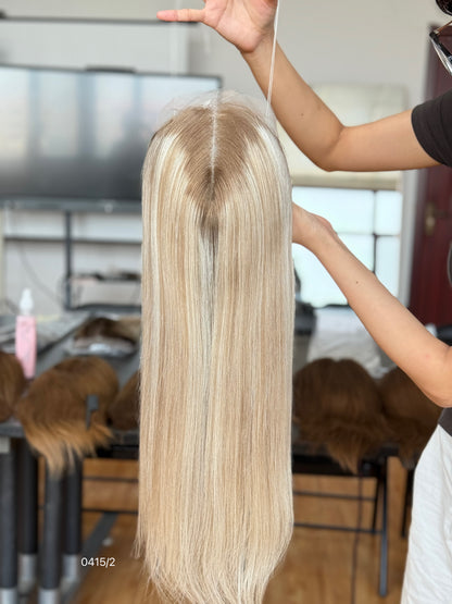 Light Blonde Long Straight Human Hair Topper Mini Wig, product view 2