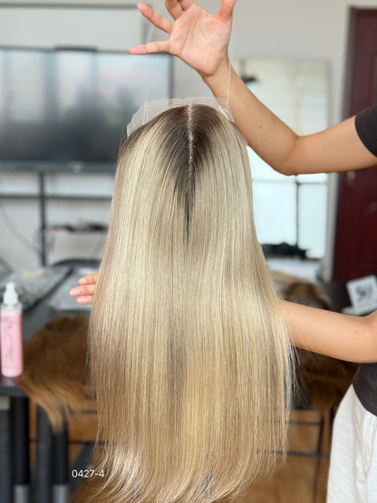 Light Blonde Dark-Root Long Straight Human Hair Topper Mini Wig, product view 2