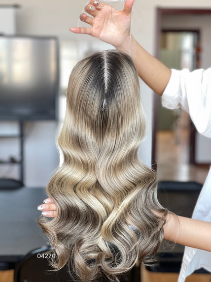 Chocolate Brown Rooted Blonde Long Wavy Human Hair Topper Mini Wig, product view 1