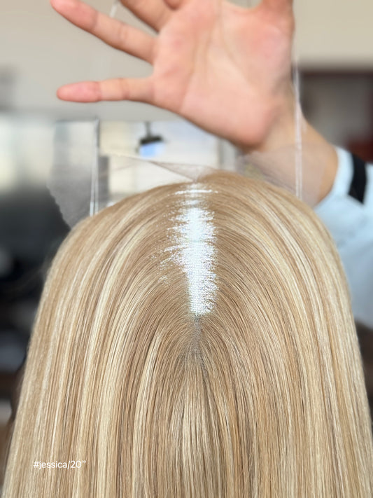 Light Blonde Long Straight Human Hair Topper Mini Wig, product view 2 — alternate view