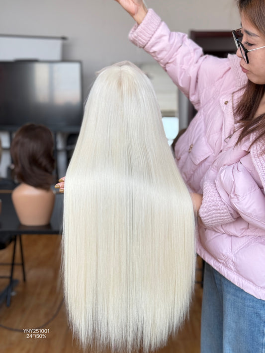 Platinum Blonde Long Straight Human Hair Topper Mini Wig, product view 2 — alternate view
