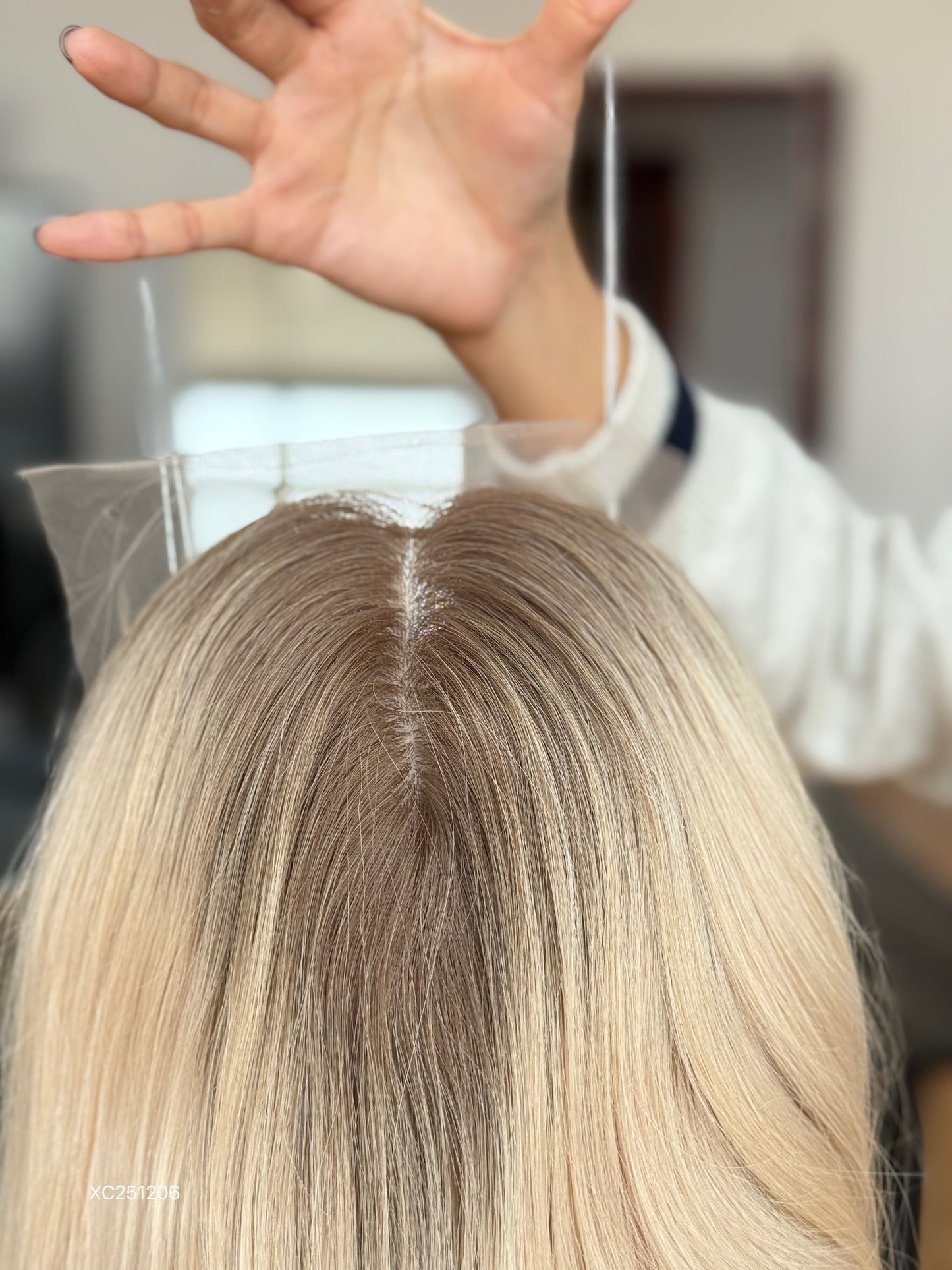 Light Blonde Long Wavy Human Hair Topper Mini Wig, product view 2