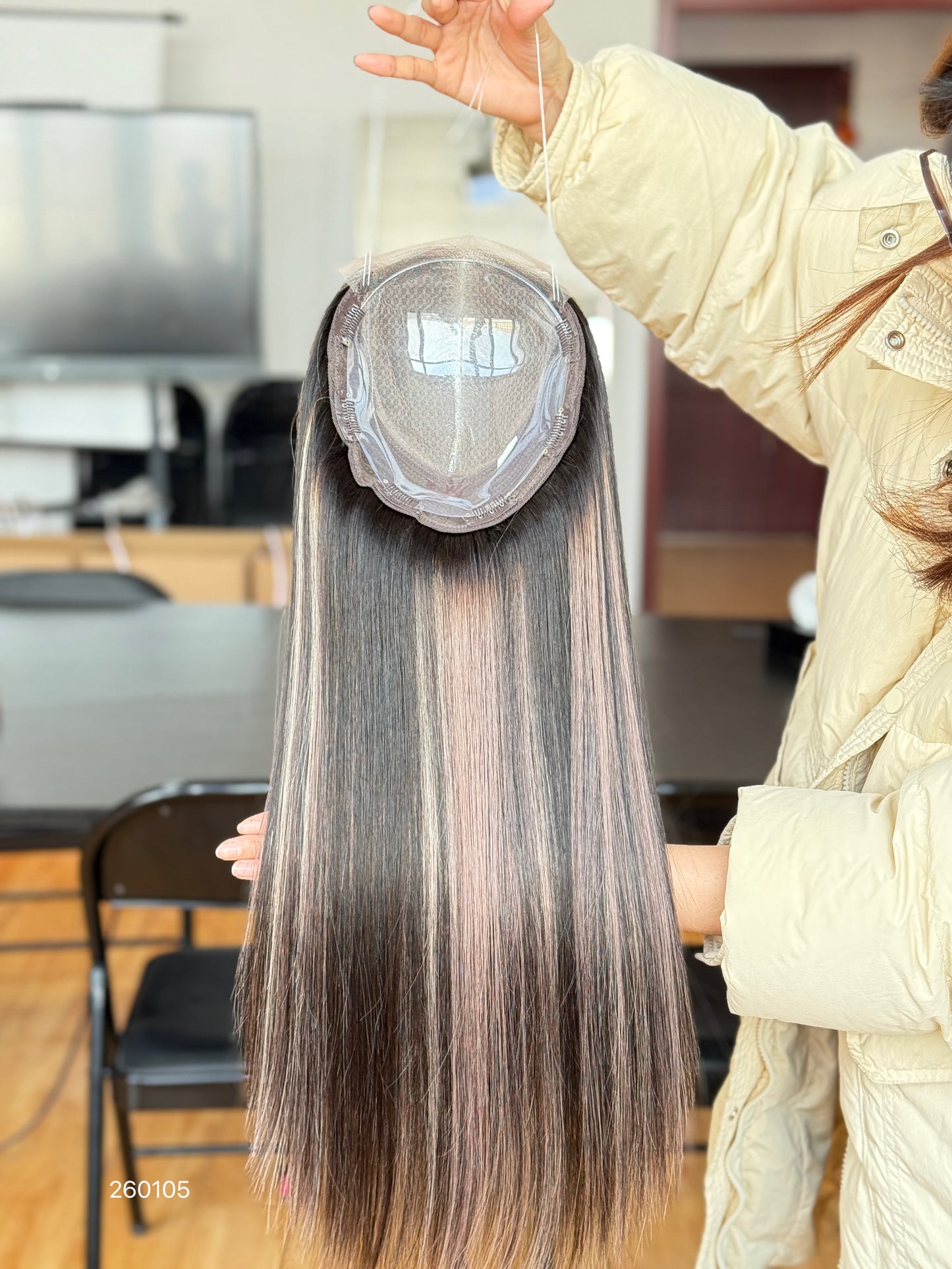 Ash Blonde Highlighted Long Straight Human Hair Topper Mini Wig, product view 2