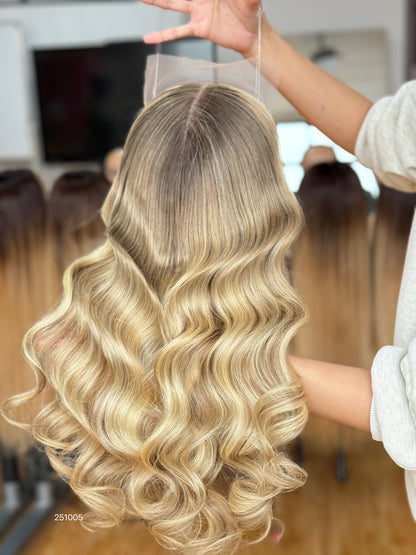 Warm Brown Blonde Highlighted Long Wavy Human Hair Topper Mini Wig, product view 3