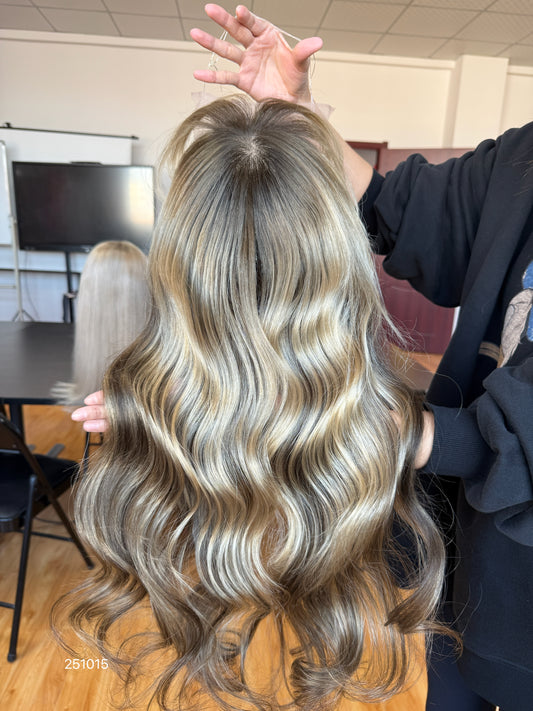 Chocolate Brown Rooted Blonde Long Wavy Human Hair Topper Mini Wig, product view 2 — alternate view
