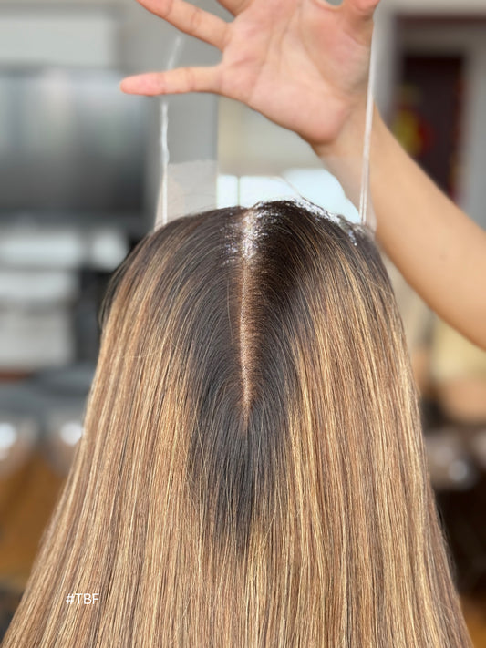 Copper Brown Rooted Long Straight Human Hair Topper Mini Wig, product view 2 — alternate view