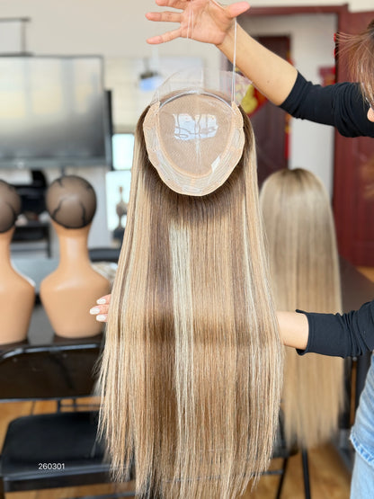 Light Blonde Long Straight Human Hair Topper Mini Wig, product view 3