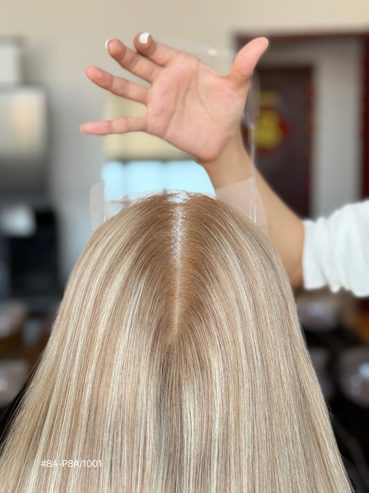 Light Blonde Long Straight Human Hair Topper Mini Wig, product view 2 — alternate view