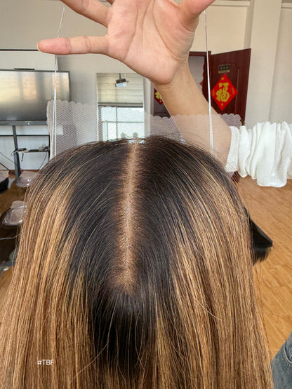 Warm Brown Dark-Root Long Straight Human Hair Topper Mini Wig, product view 2