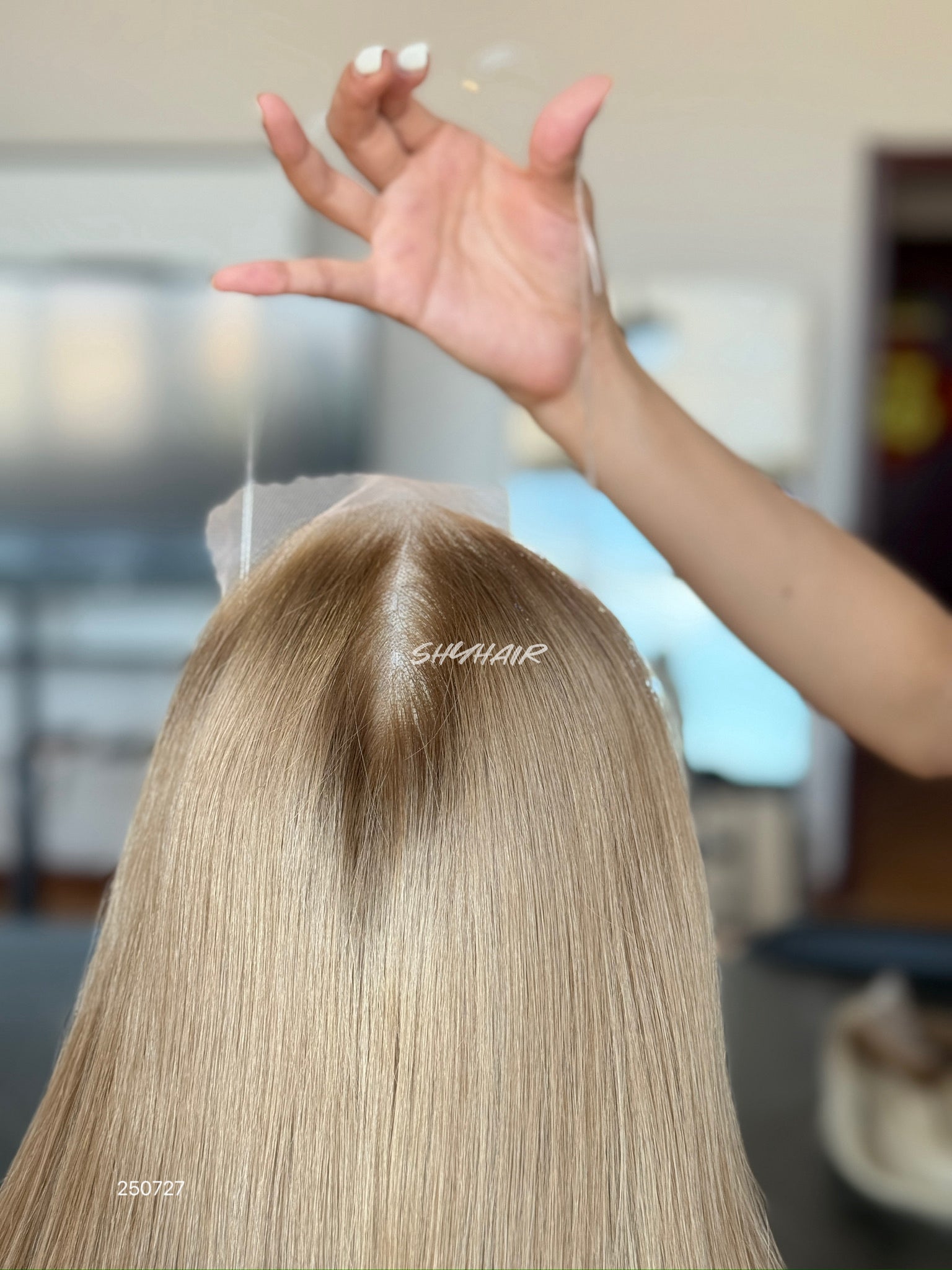 Light Blonde Long Straight Human Hair Topper Mini Wig, product view 2