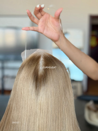 Light Blonde Long Straight Human Hair Topper Mini Wig, product view 2
