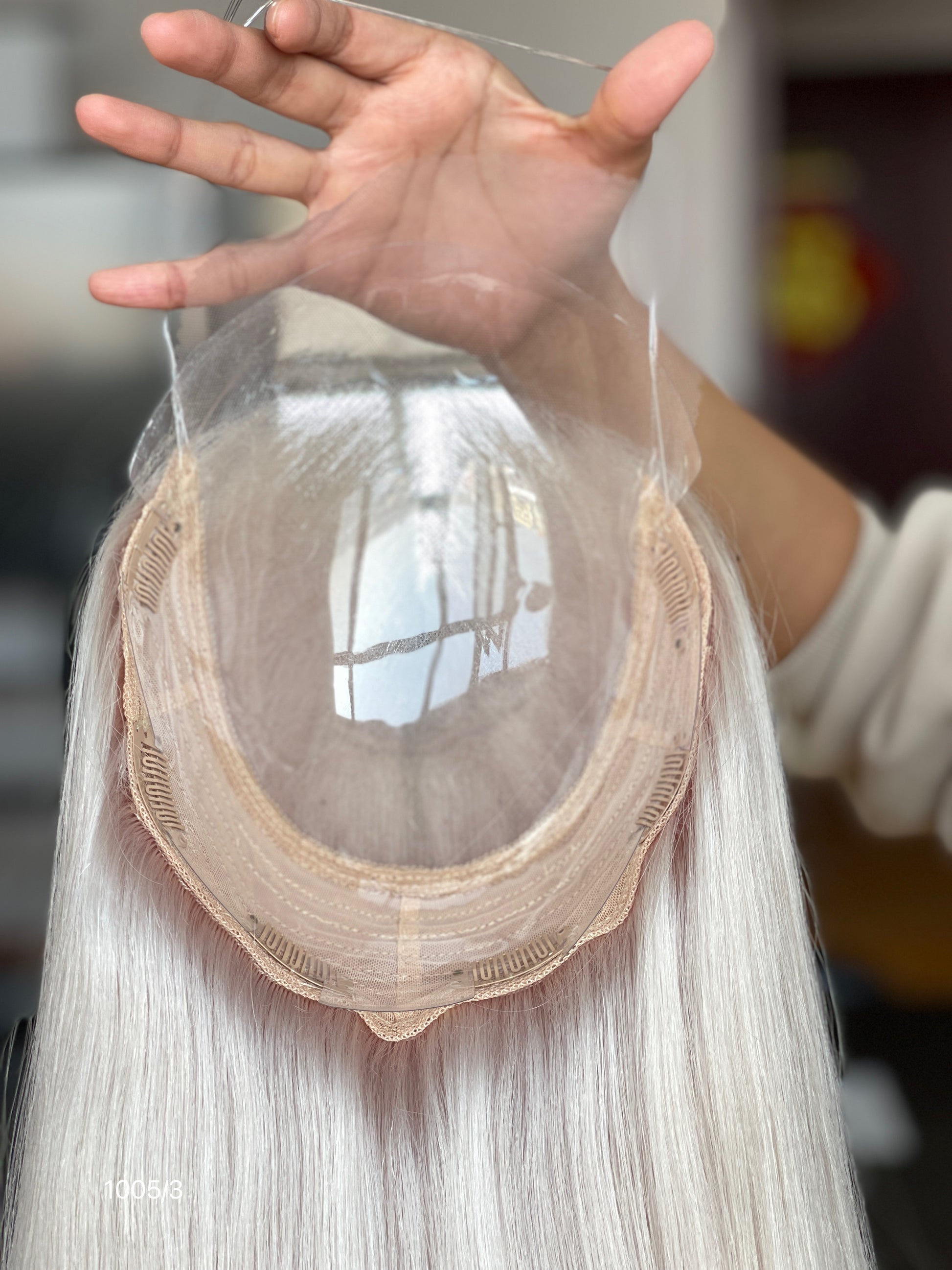 Silver Ash Blonde Long Straight Human Hair Topper Mini Wig, product view 3