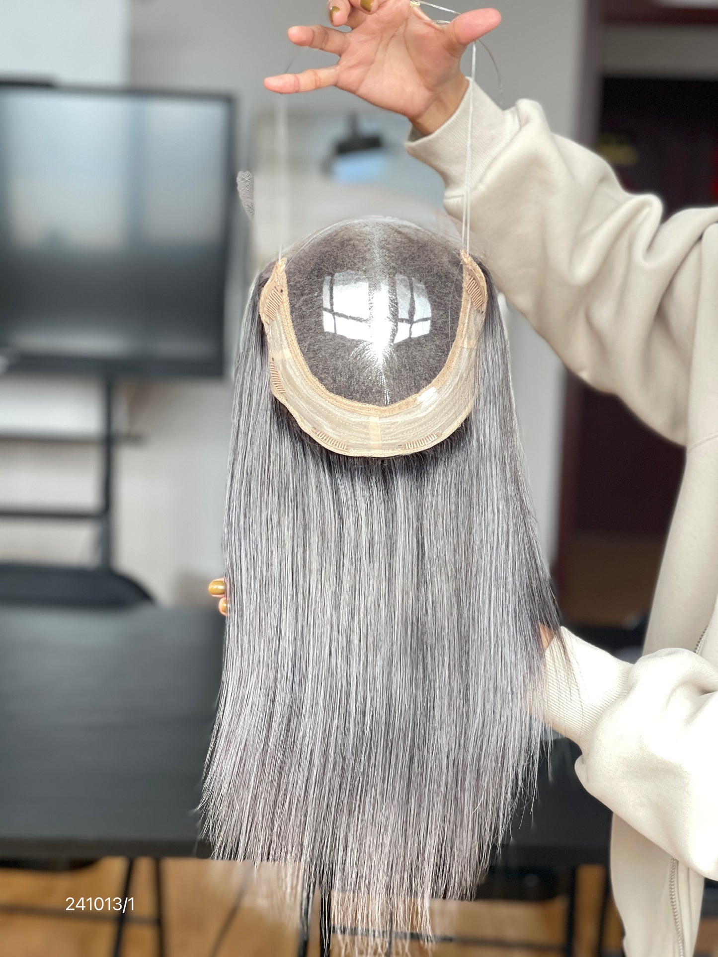Cool Silver Ash Blonde Long Straight Human Hair Topper Mini Wig, product view 3