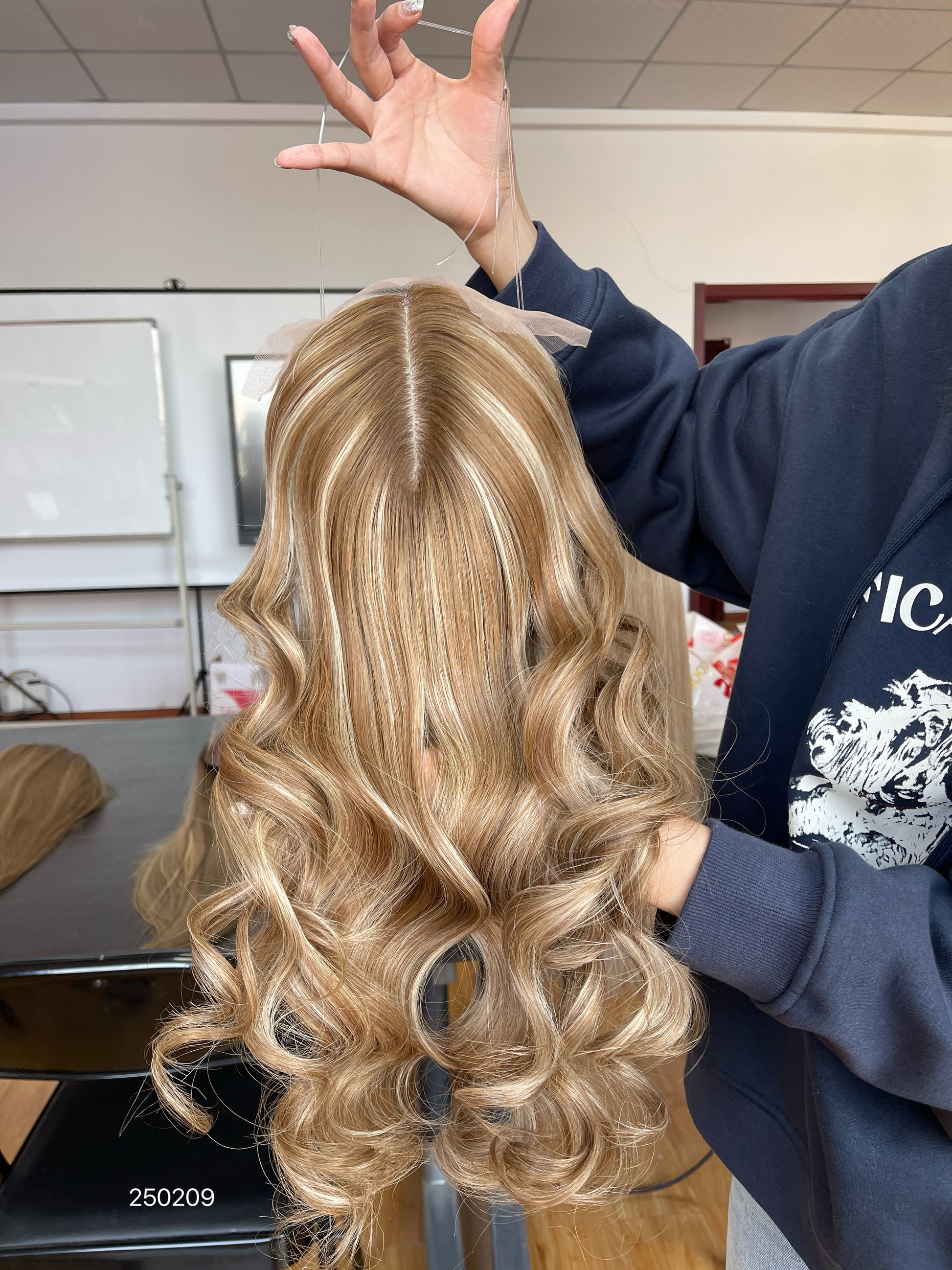 Warm Honey Blonde Long Wavy Human Hair Topper Mini Wig, product view 3