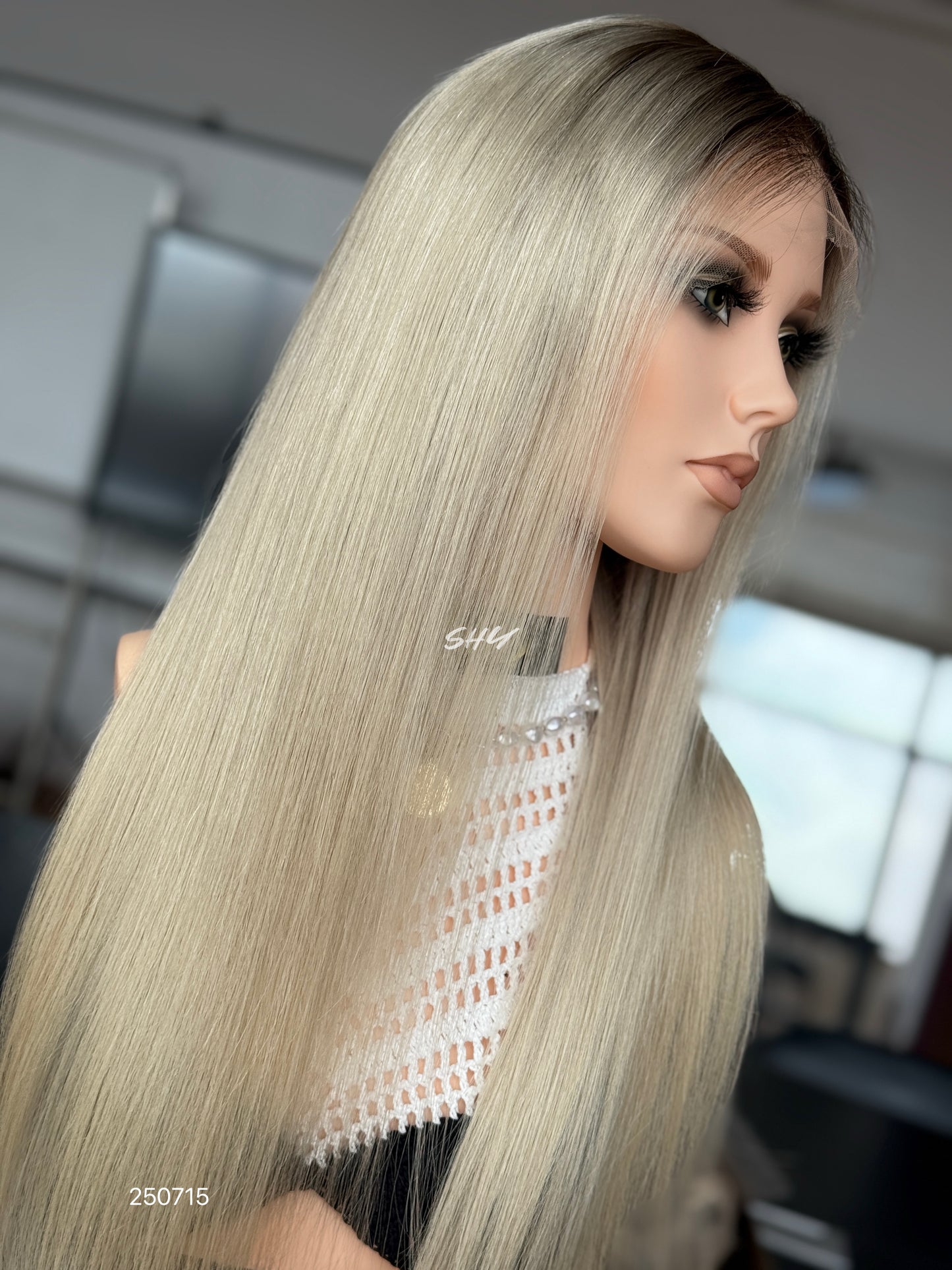 Light Blonde Middle-Part Long Straight Human Hair Lace Front Glueless Medical Wig, product view 3