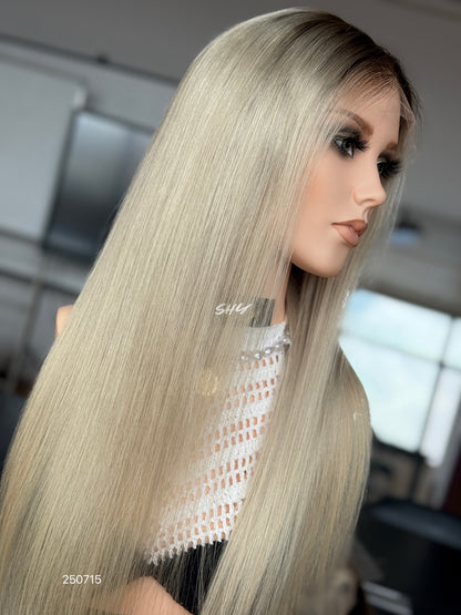 Light Blonde Middle-Part Long Straight Human Hair Lace Front Glueless Medical Wig, product view 3
