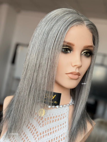 Silver Gray Middle-Part Straight Human Hair Lace Front Glueless Medical Wig, product view 3