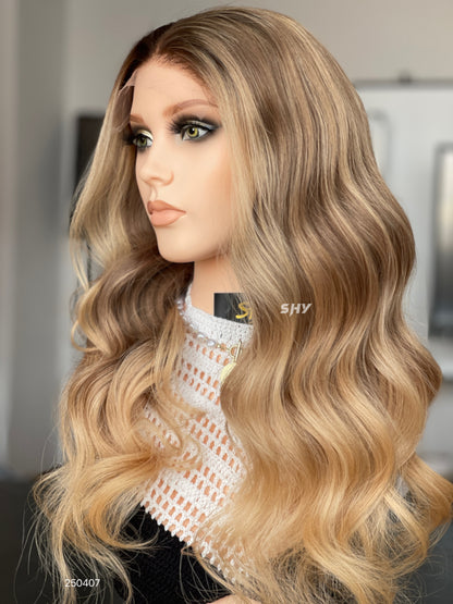 Dark Root Honey Blonde Ombre Middle-Part Body Wave Human Hair Lace Front Glueless Medical Wig, product view 3