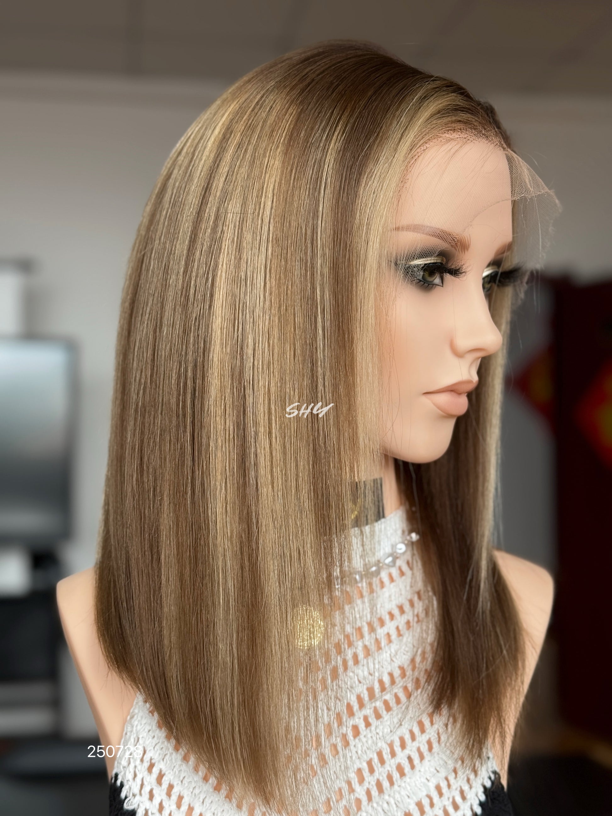 Highlighted Ash Brown Middle-Part Shoulder-Length Straight Human Hair Lace Front Glueless Medical Wig, product view 3