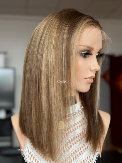 Highlighted Ash Brown Middle-Part Shoulder-Length Straight Human Hair Lace Front Glueless Medical Wig, product view 3