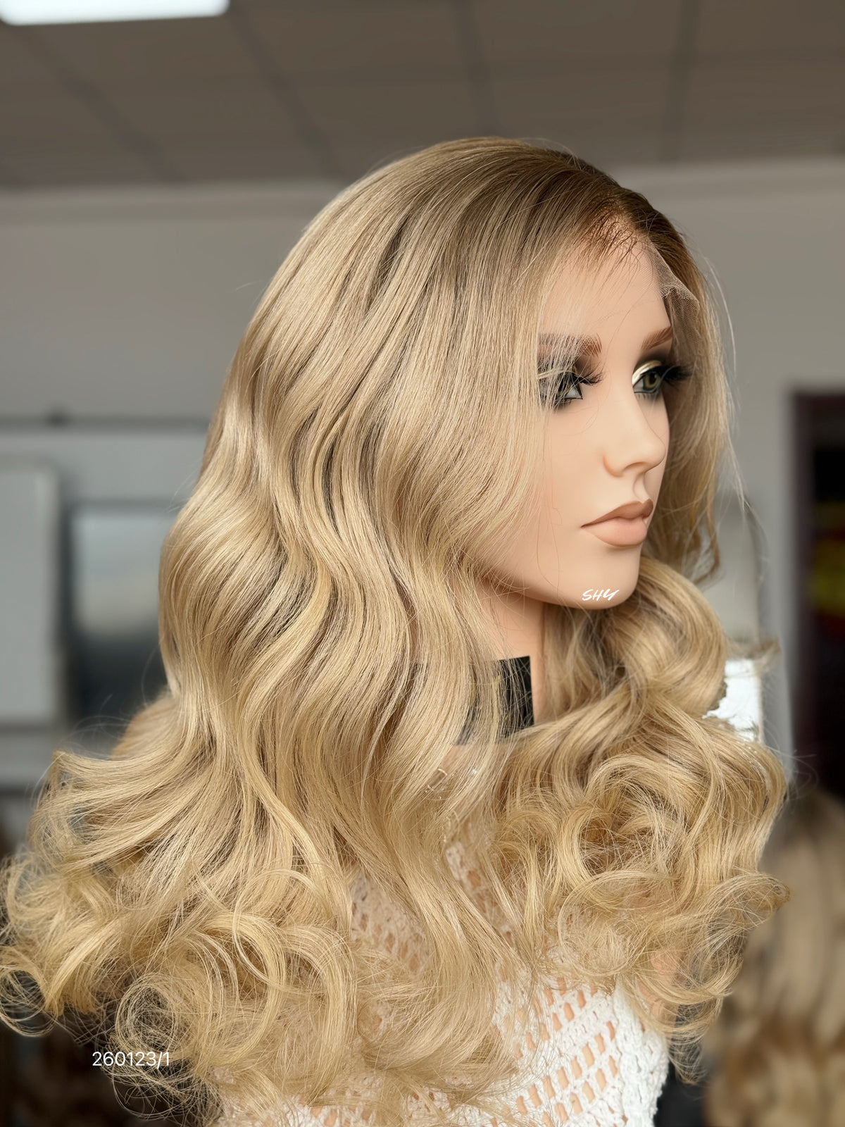 Dark Root Blonde Middle-Part Loose Wave Human Hair Lace Front Glueless Medical Wig, product view 3