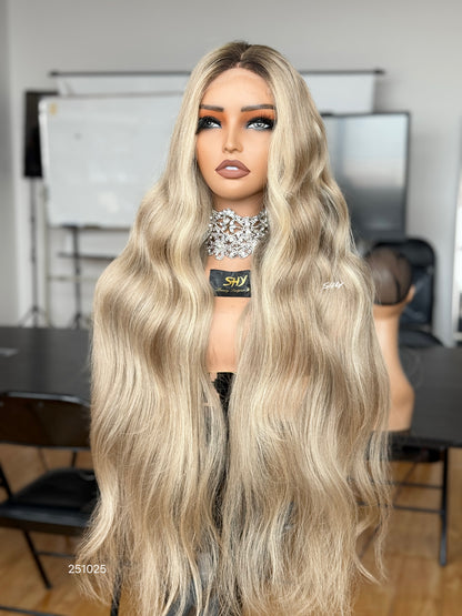 Champagne Blonde Middle-Part Body Wave Human Hair Lace Front Glueless Medical Wig, product view 3