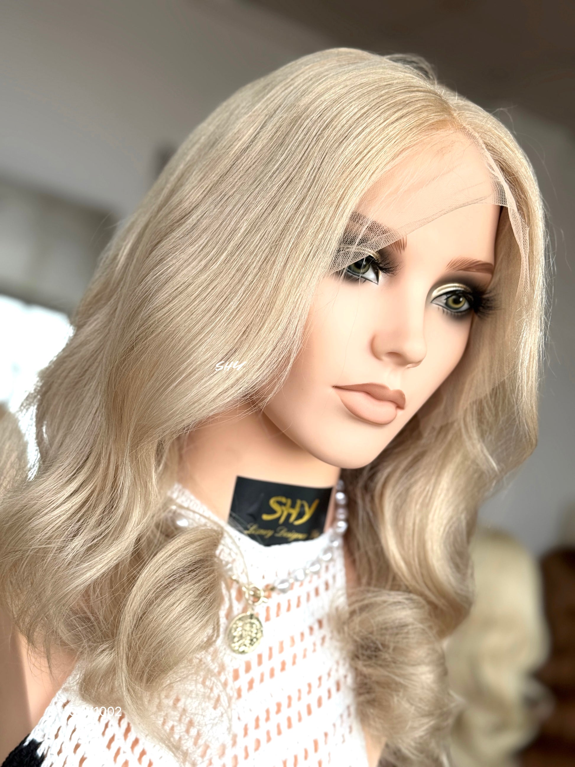 Champagne Blonde Middle-Part Loose Wave Human Hair Lace Front Glueless Medical Wig, product view 3