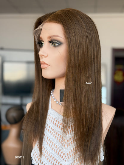 Chestnut Chocolate Brown Middle-Part Straight Human Hair Lace Front Glueless Medical Wig, product view 3