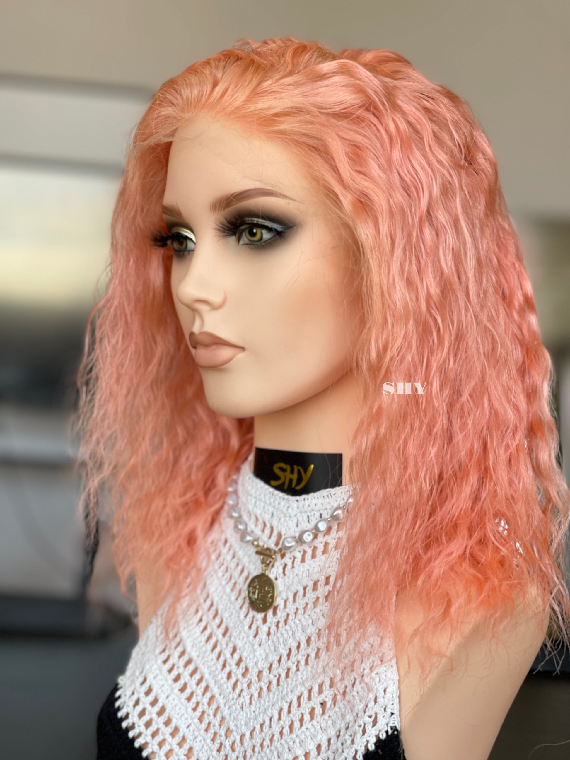 Rose Pink Side-Part Wavy Human Hair Lace Front Glueless Medical Wig, product view 3