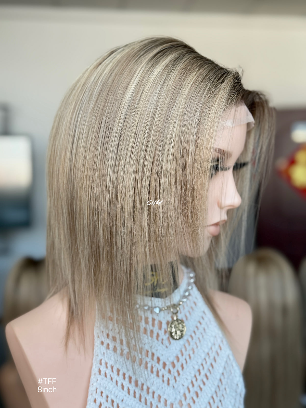 Dark Root Ash Blonde Highlighted Side-Part Straight Bob Human Hair Lace Front Glueless Medical Wig, product view 3