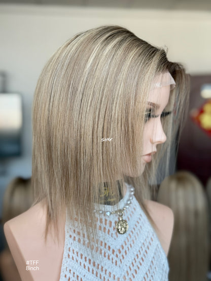 Dark Root Ash Blonde Highlighted Side-Part Straight Bob Human Hair Lace Front Glueless Medical Wig, product view 3