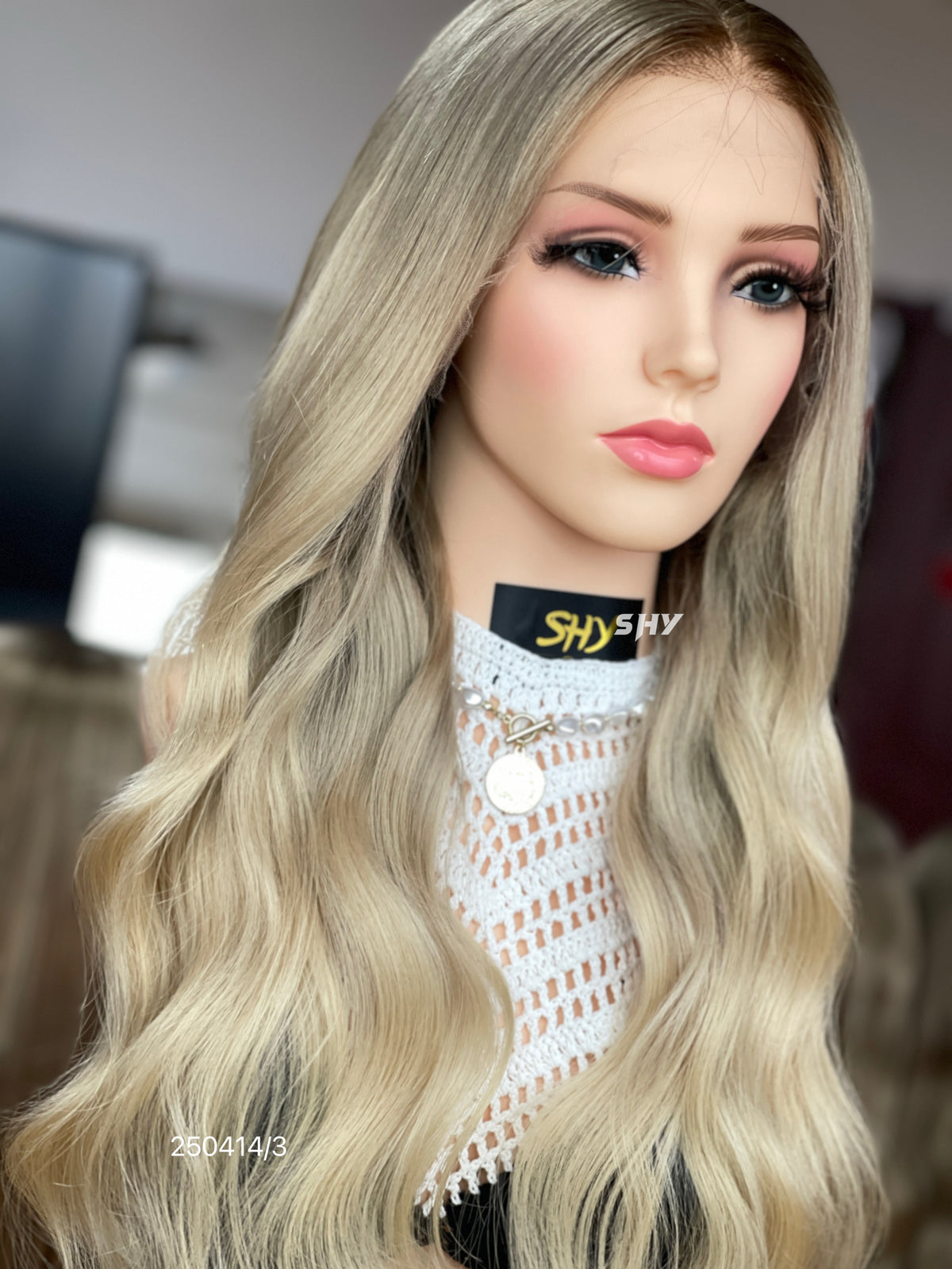 Ash Blonde Dark Root Middle-Part Body Wave Human Hair Lace Front Glueless Medical Wig, product view 3