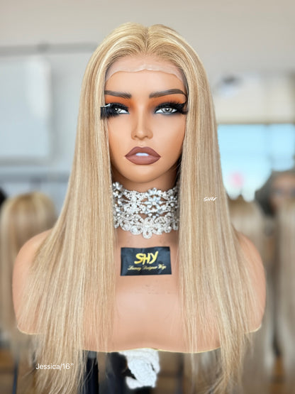 Light Blonde Highlighted Middle-Part Long Straight Human Hair Lace Front Glueless Medical Wig, product view 3