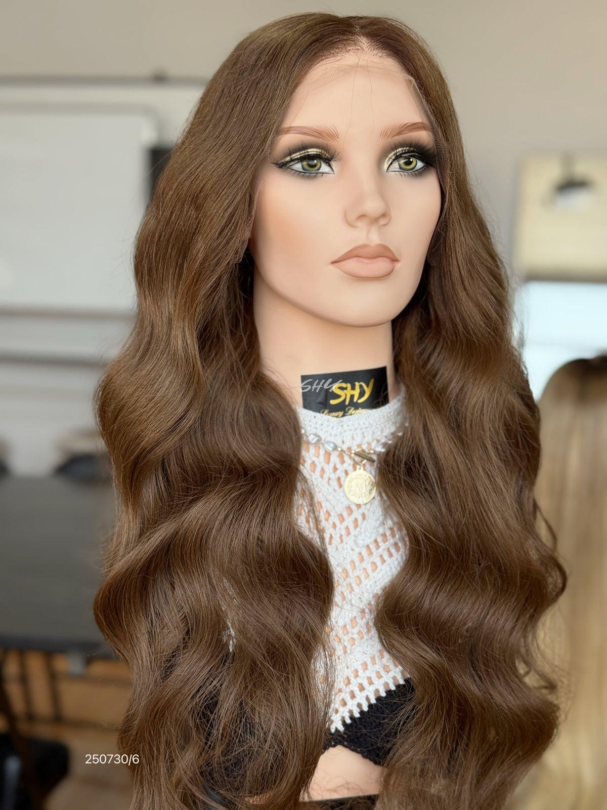 Chocolate Brown Middle-Part Long Wavy Human Hair Lace Front Glueless Medical Wig, product view 3