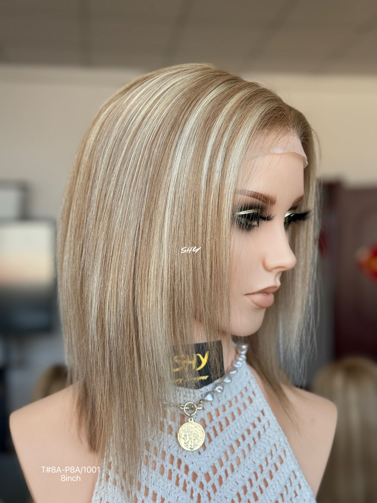 Natural Brown Root Blonde Highlighted Side-Part Straight Bob Human Hair Lace Front Glueless Medical Wig, product view 3