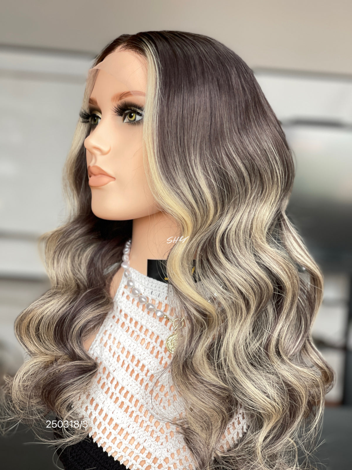 Ash Brown Blonde Highlighted Middle-Part Body Wave Human Hair Lace Front Glueless Medical Wig, product view 3