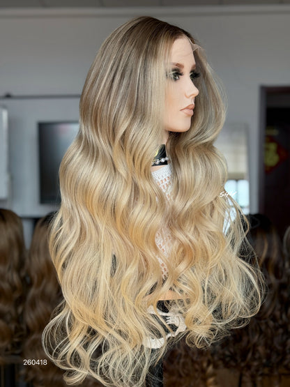 Dark Root Ash Blonde Middle-Part Body Wave Human Hair Lace Front Glueless Medical Wig, product view 3
