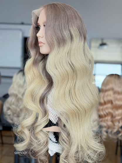 Rose Brown Root Blonde Middle-Part Body Wave Human Hair Lace Front Glueless Medical Wig, product view 3