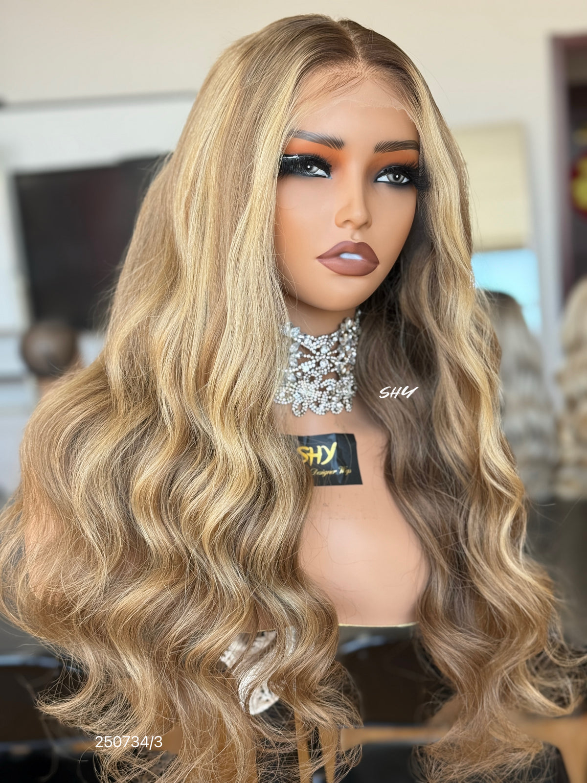 Honey Brown Blonde Highlighted Middle-Part Body Wave Human Hair Lace Front Glueless Medical Wig, product view 3